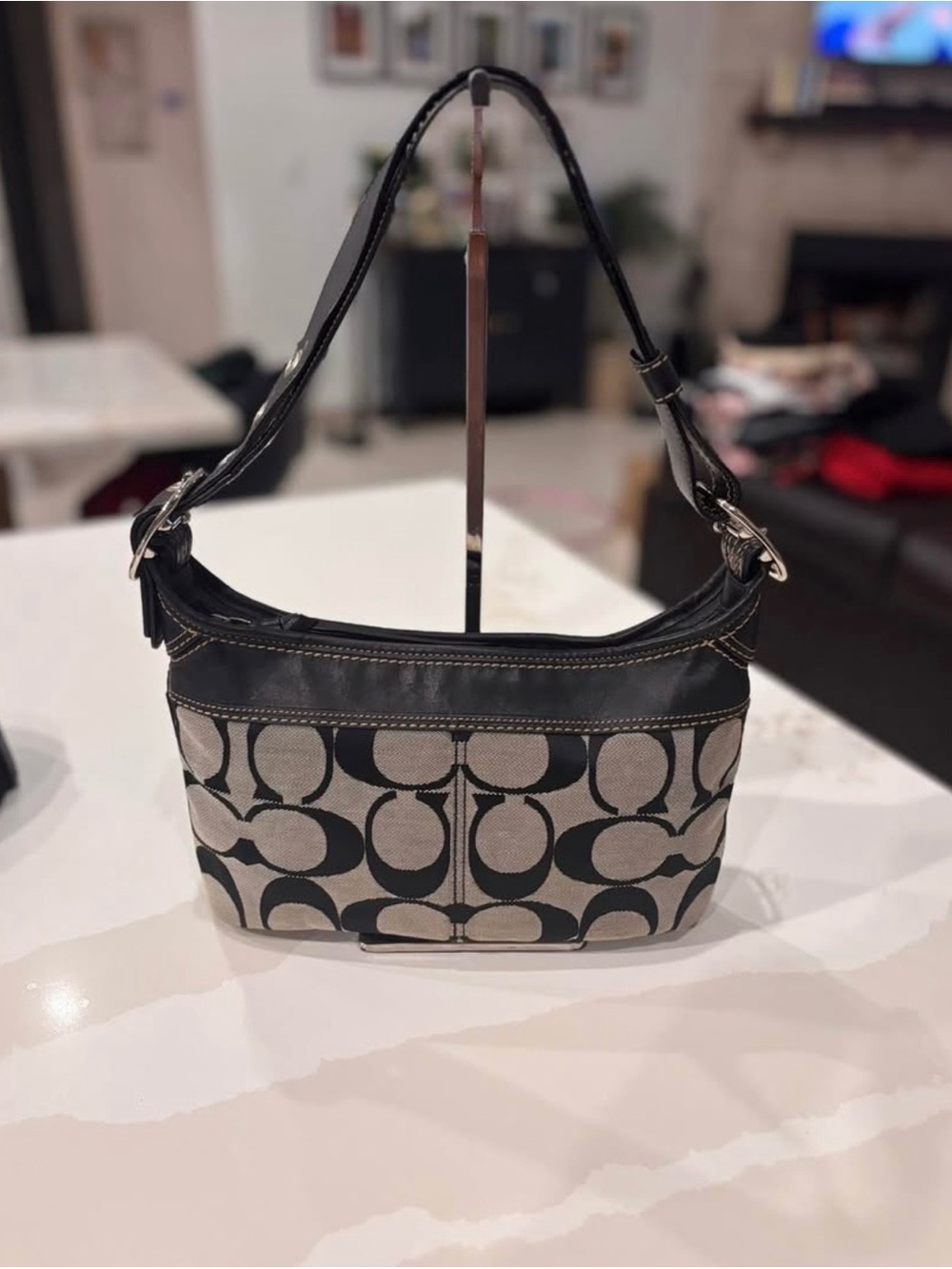 Coach Black and Beige Signature Canvas Shoulder Bag